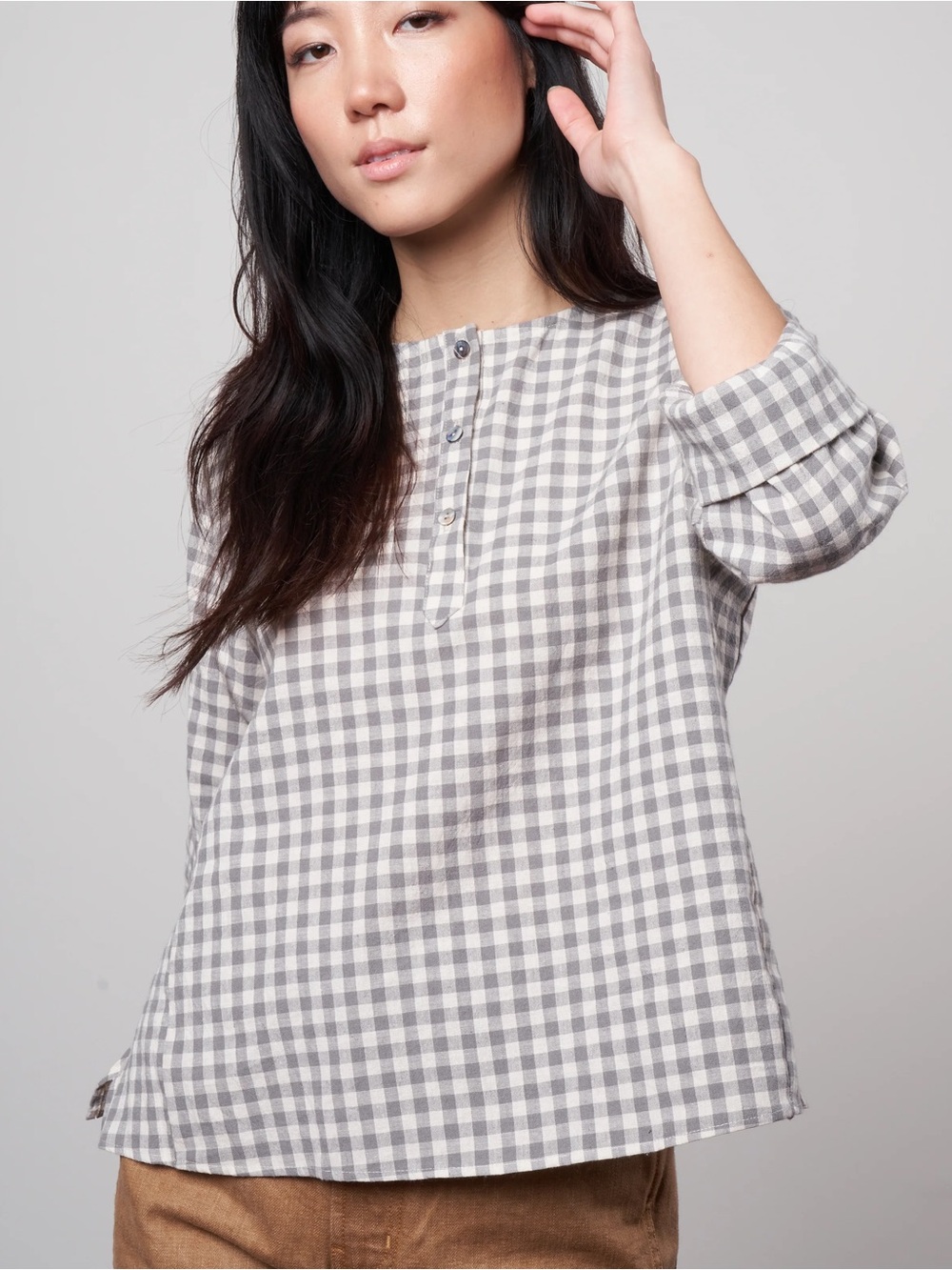 Pietsie Basque Shirt -Cumin Check $210 Retail 100% Cotton